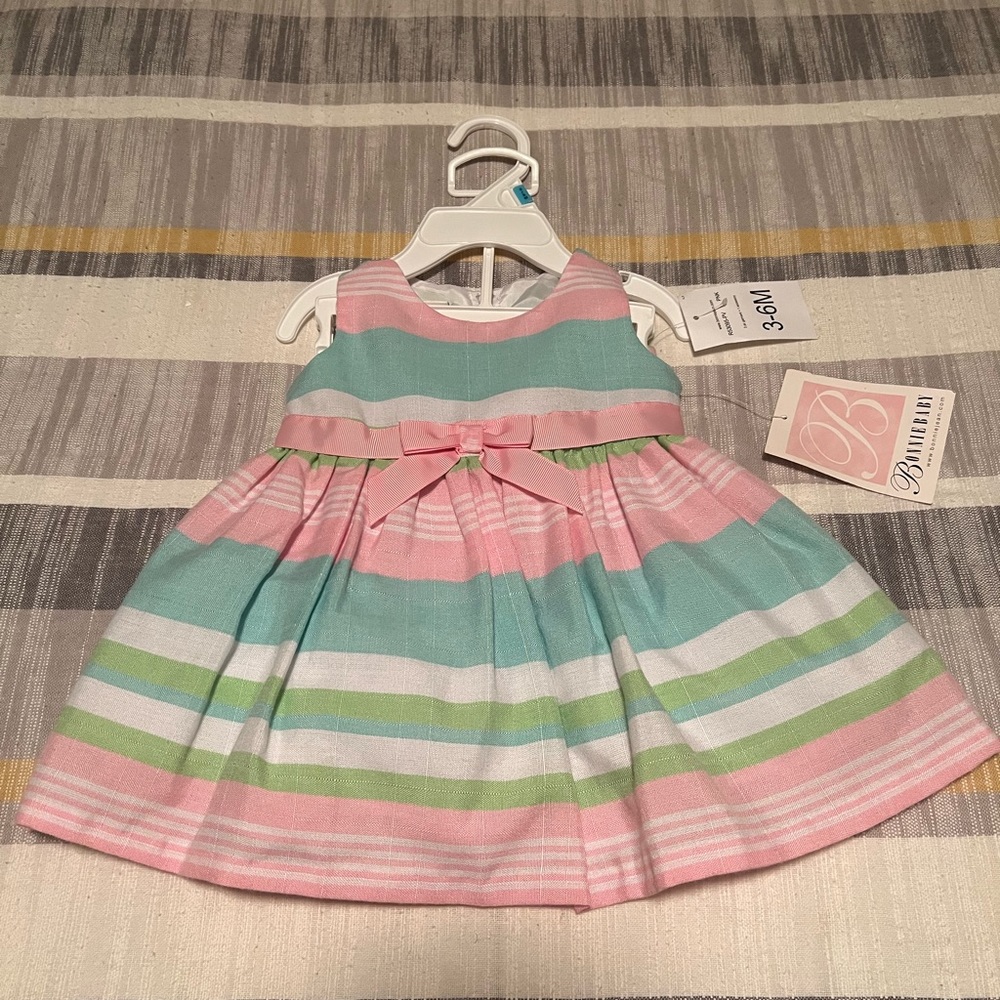 Bonnie Baby girl’s dress in multicolor stripes blue, pink, green white, 3-6mons.